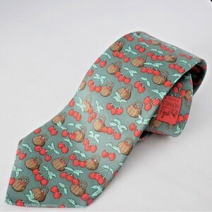 HERMÈS  7430 HA Silk Tie Cherry Basket Motif Green Multi Vintage Corporate